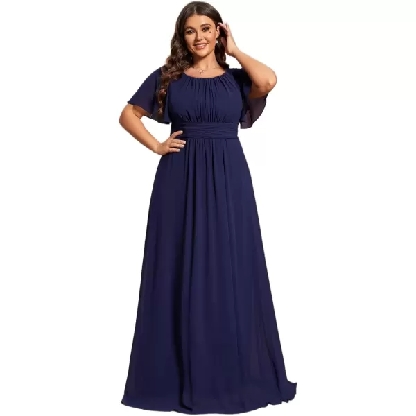 imageEverPretty Womens Round Neck Short Sleeves A Line Chiffon Pleated Waist Maxi Mothers Dresses 01840DABnavy Blue