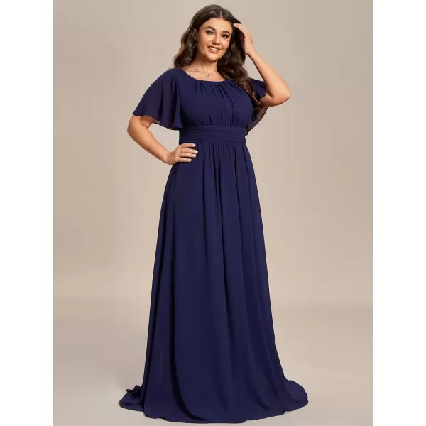 imageEverPretty Womens Round Neck Short Sleeves A Line Chiffon Pleated Waist Maxi Mothers Dresses 01840DABnavy Blue