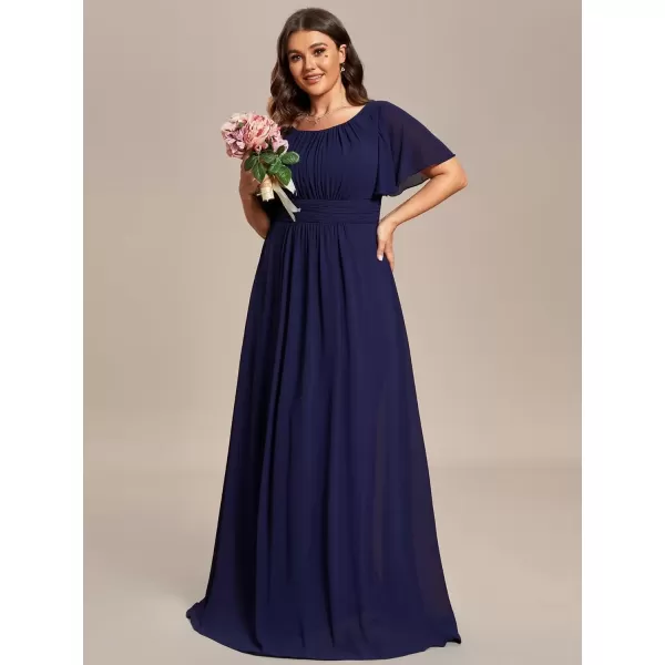 imageEverPretty Womens Round Neck Short Sleeves A Line Chiffon Pleated Waist Maxi Mothers Dresses 01840DABnavy Blue