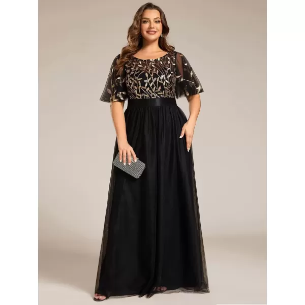 imageEverPretty Womens Round Neck Short Sleeves Plus Size ALine Tulle Sequin Formal Evening Dresses 0904DA2Black Gold