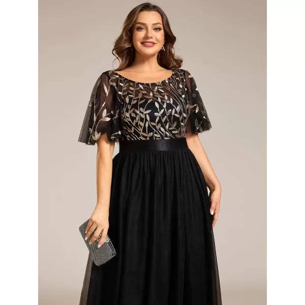 imageEverPretty Womens Round Neck Short Sleeves Plus Size ALine Tulle Sequin Formal Evening Dresses 0904DA2Black Gold