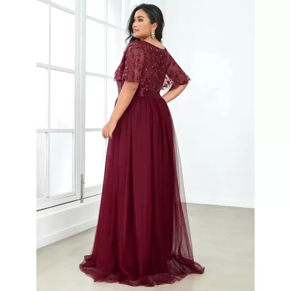 imageEverPretty Womens Round Neck Short Sleeves Plus Size ALine Tulle Sequin Formal Evening Dresses 0904DA2Burgundy