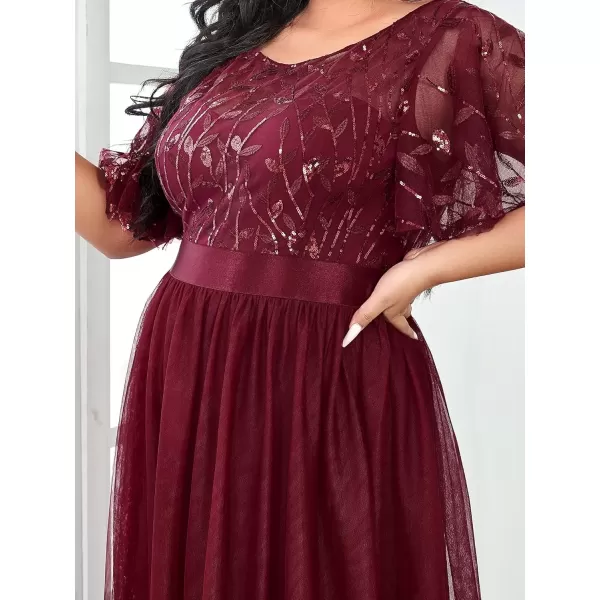 imageEverPretty Womens Round Neck Short Sleeves Plus Size ALine Tulle Sequin Formal Evening Dresses 0904DA2Burgundy