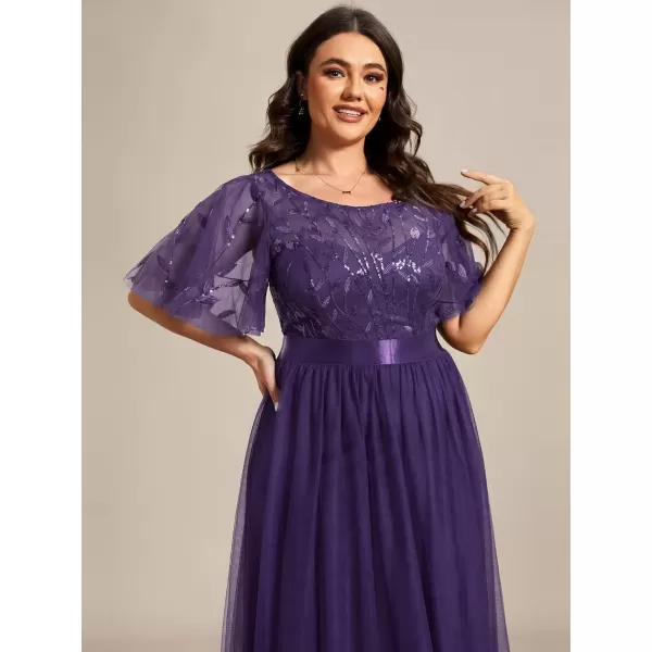 imageEverPretty Womens Round Neck Short Sleeves Plus Size ALine Tulle Sequin Formal Evening Dresses 0904DA2Deep Purple