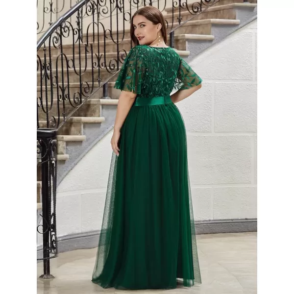 imageEverPretty Womens Round Neck Short Sleeves Plus Size ALine Tulle Sequin Formal Evening Dresses 0904DA2Green