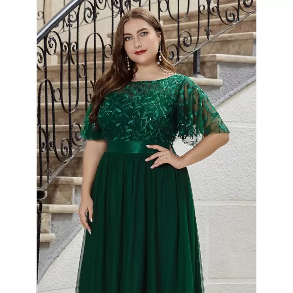 imageEverPretty Womens Round Neck Short Sleeves Plus Size ALine Tulle Sequin Formal Evening Dresses 0904DA2Green