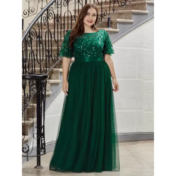 imageEverPretty Womens Round Neck Short Sleeves Plus Size ALine Tulle Sequin Formal Evening Dresses 0904DA2Green