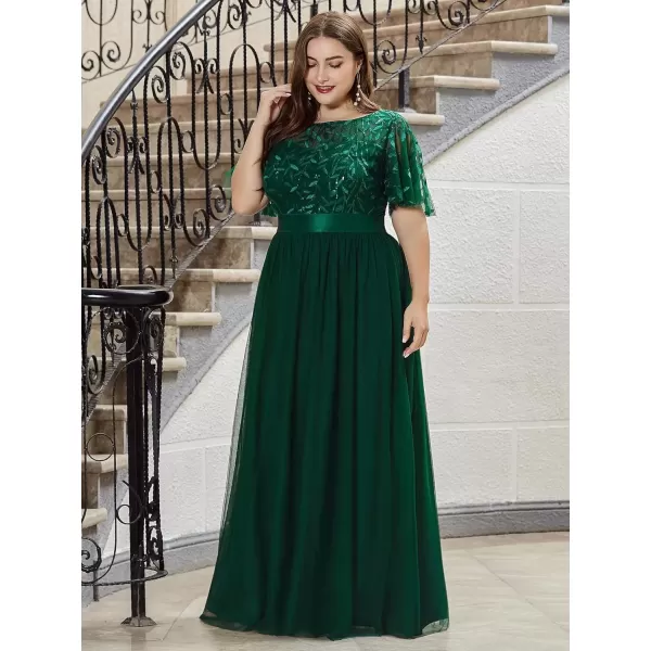 imageEverPretty Womens Round Neck Short Sleeves Plus Size ALine Tulle Sequin Formal Evening Dresses 0904DA2Green