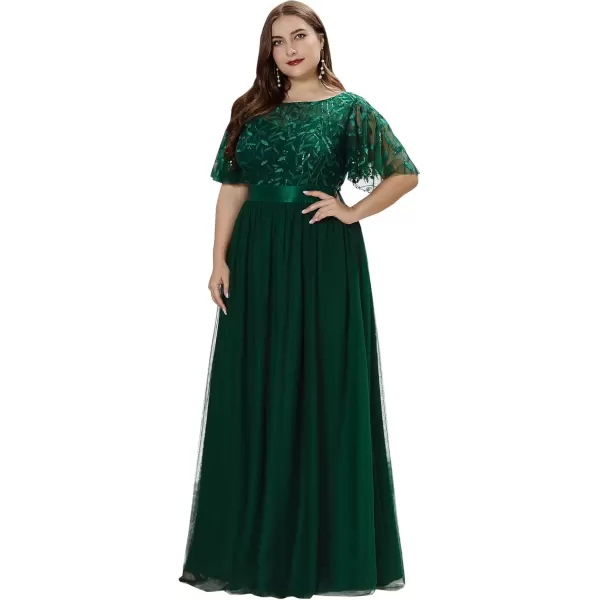 imageEverPretty Womens Round Neck Short Sleeves Plus Size ALine Tulle Sequin Formal Evening Dresses 0904DA2Green