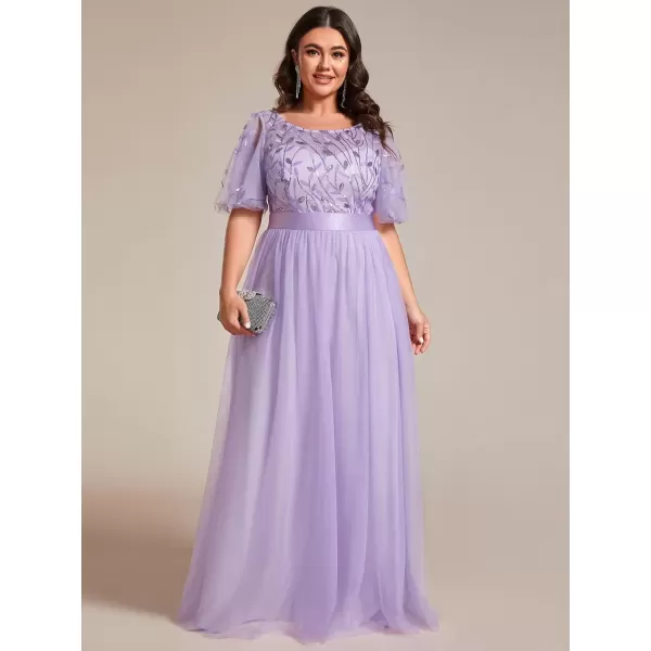 imageEverPretty Womens Round Neck Short Sleeves Plus Size ALine Tulle Sequin Formal Evening Dresses 0904DA2Lavender