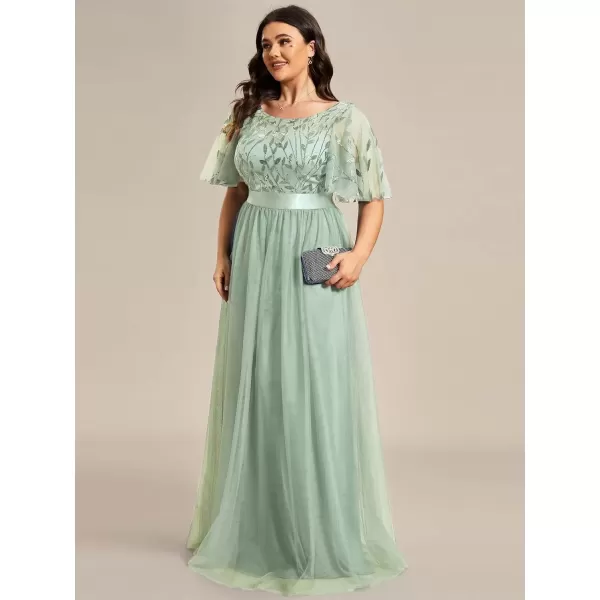 imageEverPretty Womens Round Neck Short Sleeves Plus Size ALine Tulle Sequin Formal Evening Dresses 0904DA2Mint Green