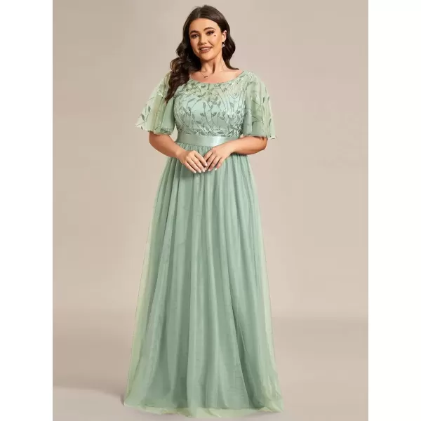 imageEverPretty Womens Round Neck Short Sleeves Plus Size ALine Tulle Sequin Formal Evening Dresses 0904DA2Mint Green