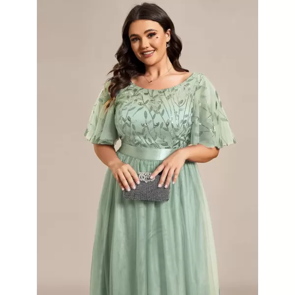 imageEverPretty Womens Round Neck Short Sleeves Plus Size ALine Tulle Sequin Formal Evening Dresses 0904DA2Mint Green