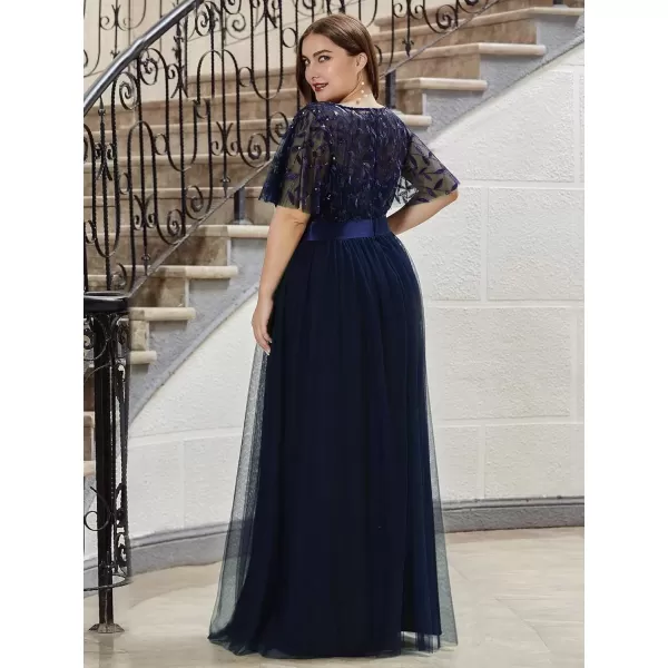 imageEverPretty Womens Round Neck Short Sleeves Plus Size ALine Tulle Sequin Formal Evening Dresses 0904DA2Navy Blue