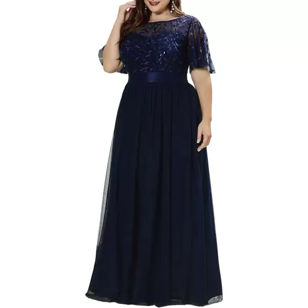 imageEverPretty Womens Round Neck Short Sleeves Plus Size ALine Tulle Sequin Formal Evening Dresses 0904DA2Navy Blue