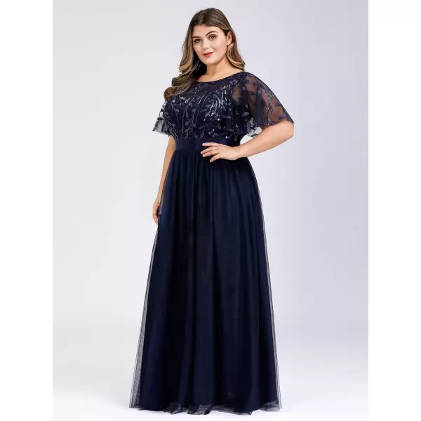 imageEverPretty Womens Round Neck Short Sleeves Plus Size ALine Tulle Sequin Formal Evening Dresses 0904DA2Navy Blue