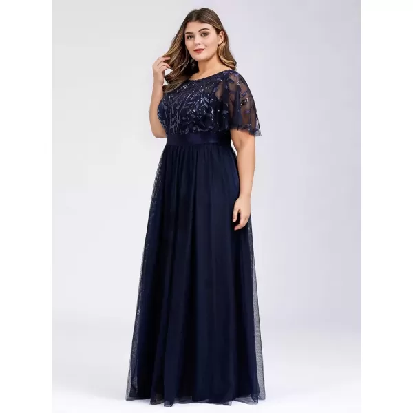 imageEverPretty Womens Round Neck Short Sleeves Plus Size ALine Tulle Sequin Formal Evening Dresses 0904DA2Navy Blue