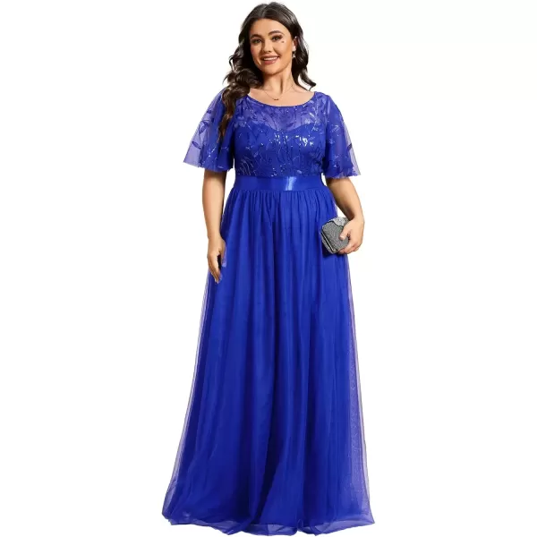 imageEverPretty Womens Round Neck Short Sleeves Plus Size ALine Tulle Sequin Formal Evening Dresses 0904DA2Sapphire Blue