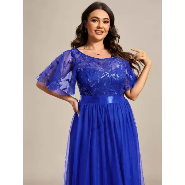 imageEverPretty Womens Round Neck Short Sleeves Plus Size ALine Tulle Sequin Formal Evening Dresses 0904DA2Sapphire Blue