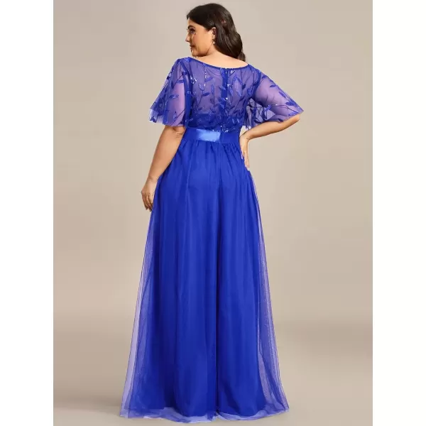 imageEverPretty Womens Round Neck Short Sleeves Plus Size ALine Tulle Sequin Formal Evening Dresses 0904DA2Sapphire Blue