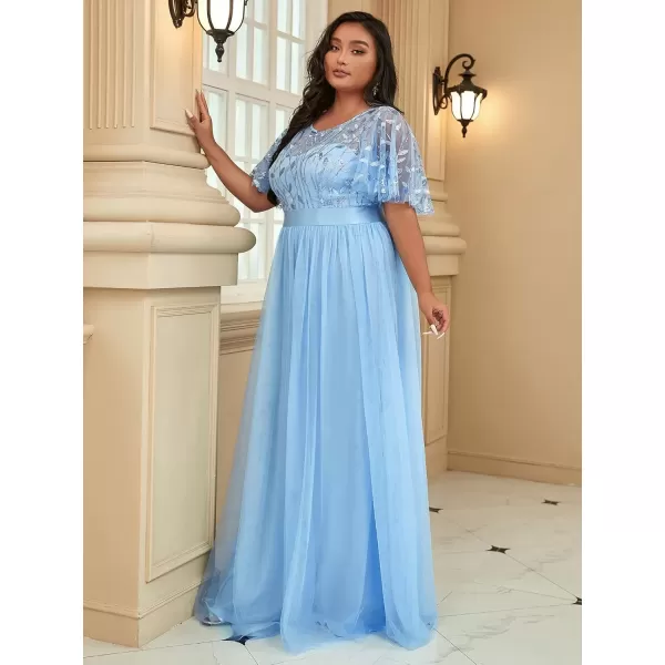 imageEverPretty Womens Round Neck Short Sleeves Plus Size ALine Tulle Sequin Formal Evening Dresses 0904DA2Sky Blue