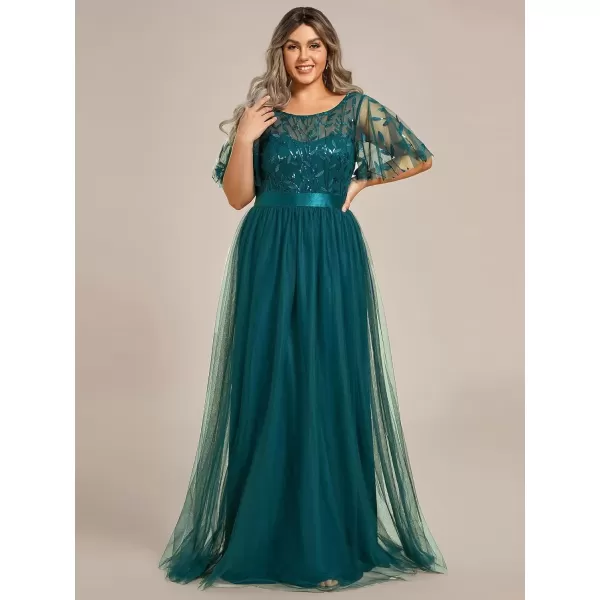 imageEverPretty Womens Round Neck Short Sleeves Plus Size ALine Tulle Sequin Formal Evening Dresses 0904DA2Teal