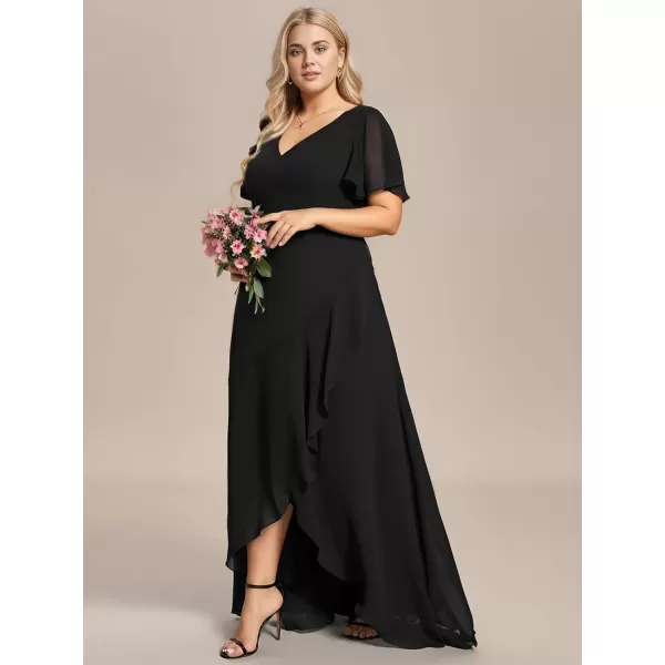 imageEverPretty Womens Summer V Neck High Low Chiffon Plus Size Curvy Semi Formal Wedding Guest Dresses with Sleeves 1749DAPHBlack