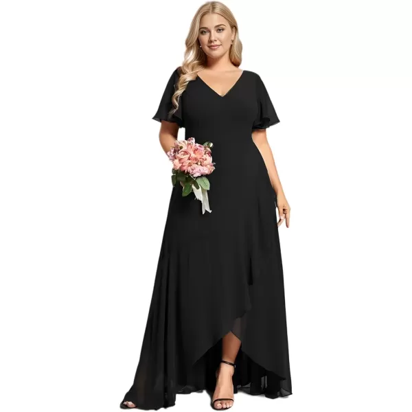 imageEverPretty Womens Summer V Neck High Low Chiffon Plus Size Curvy Semi Formal Wedding Guest Dresses with Sleeves 1749DAPHBlack