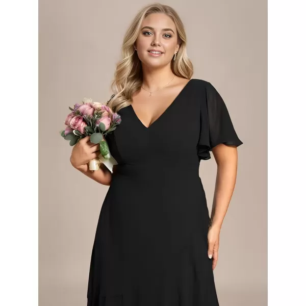 imageEverPretty Womens Summer V Neck High Low Chiffon Plus Size Curvy Semi Formal Wedding Guest Dresses with Sleeves 1749DAPHBlack