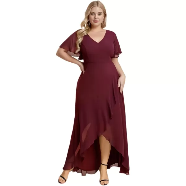 imageEverPretty Womens Summer V Neck High Low Chiffon Plus Size Curvy Semi Formal Wedding Guest Dresses with Sleeves 1749DAPHBurgundy