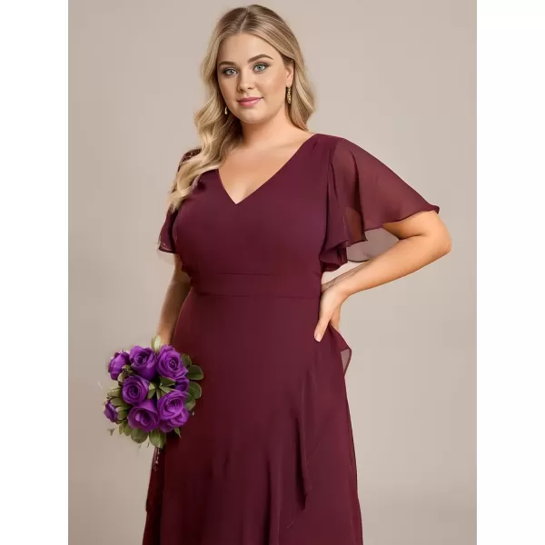 imageEverPretty Womens Summer V Neck High Low Chiffon Plus Size Curvy Semi Formal Wedding Guest Dresses with Sleeves 1749DAPHBurgundy