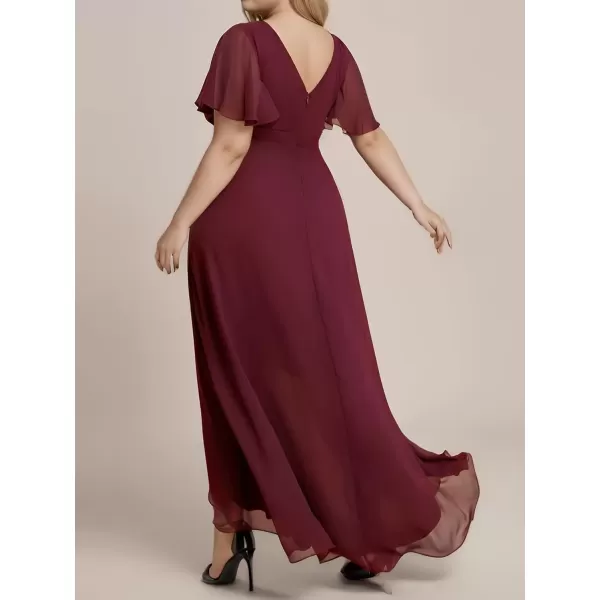 imageEverPretty Womens Summer V Neck High Low Chiffon Plus Size Curvy Semi Formal Wedding Guest Dresses with Sleeves 1749DAPHBurgundy