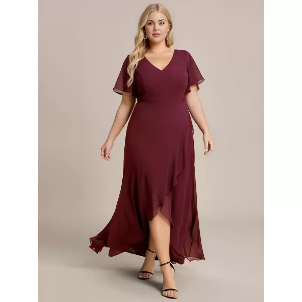 imageEverPretty Womens Summer V Neck High Low Chiffon Plus Size Curvy Semi Formal Wedding Guest Dresses with Sleeves 1749DAPHBurgundy