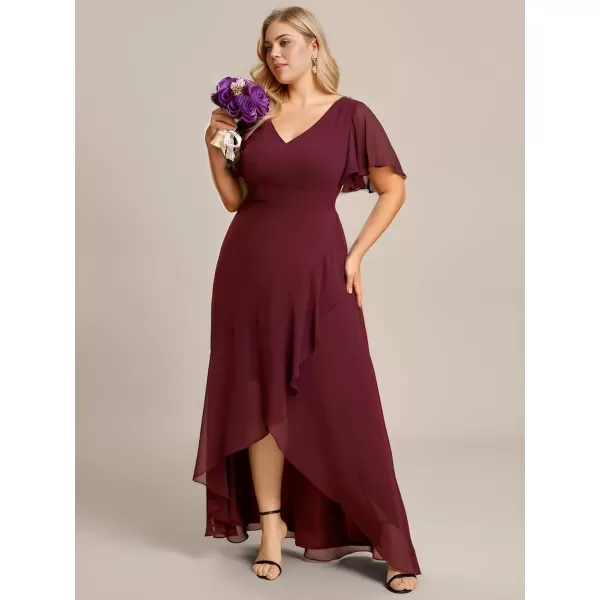 imageEverPretty Womens Summer V Neck High Low Chiffon Plus Size Curvy Semi Formal Wedding Guest Dresses with Sleeves 1749DAPHBurgundy