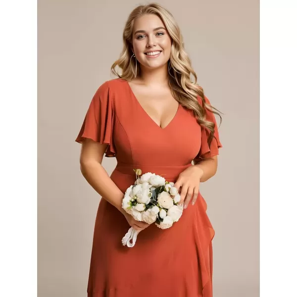 imageEverPretty Womens Summer V Neck High Low Chiffon Plus Size Curvy Semi Formal Wedding Guest Dresses with Sleeves 1749DAPHBurnt Orange