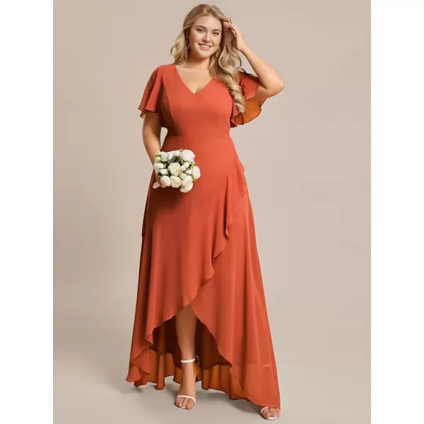 imageEverPretty Womens Summer V Neck High Low Chiffon Plus Size Curvy Semi Formal Wedding Guest Dresses with Sleeves 1749DAPHBurnt Orange