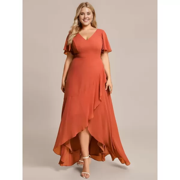 imageEverPretty Womens Summer V Neck High Low Chiffon Plus Size Curvy Semi Formal Wedding Guest Dresses with Sleeves 1749DAPHBurnt Orange