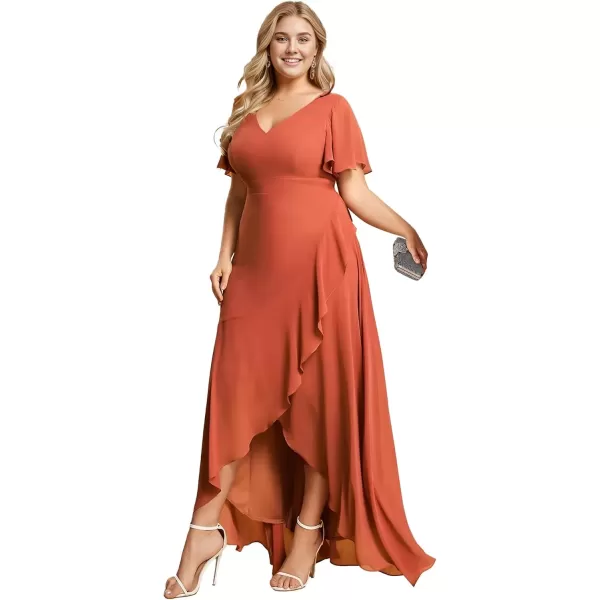 imageEverPretty Womens Summer V Neck High Low Chiffon Plus Size Curvy Semi Formal Wedding Guest Dresses with Sleeves 1749DAPHBurnt Orange