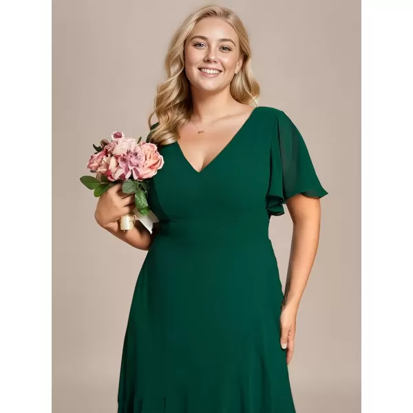 imageEverPretty Womens Summer V Neck High Low Chiffon Plus Size Curvy Semi Formal Wedding Guest Dresses with Sleeves 1749DAPHDark Green