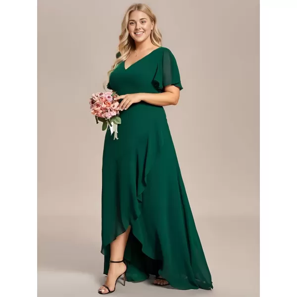 imageEverPretty Womens Summer V Neck High Low Chiffon Plus Size Curvy Semi Formal Wedding Guest Dresses with Sleeves 1749DAPHDark Green