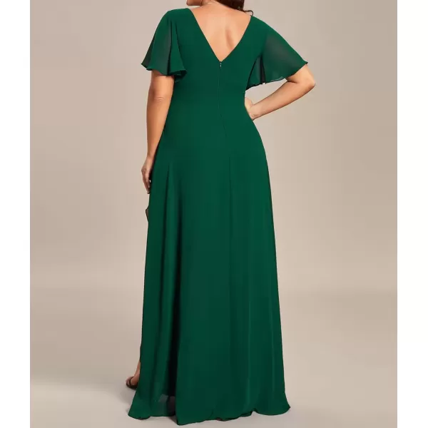 imageEverPretty Womens Summer V Neck High Low Chiffon Plus Size Curvy Semi Formal Wedding Guest Dresses with Sleeves 1749DAPHDark Green