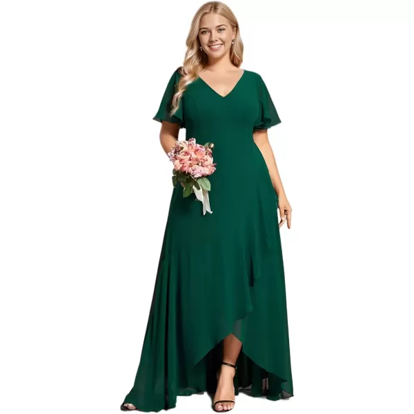 imageEverPretty Womens Summer V Neck High Low Chiffon Plus Size Curvy Semi Formal Wedding Guest Dresses with Sleeves 1749DAPHDark Green