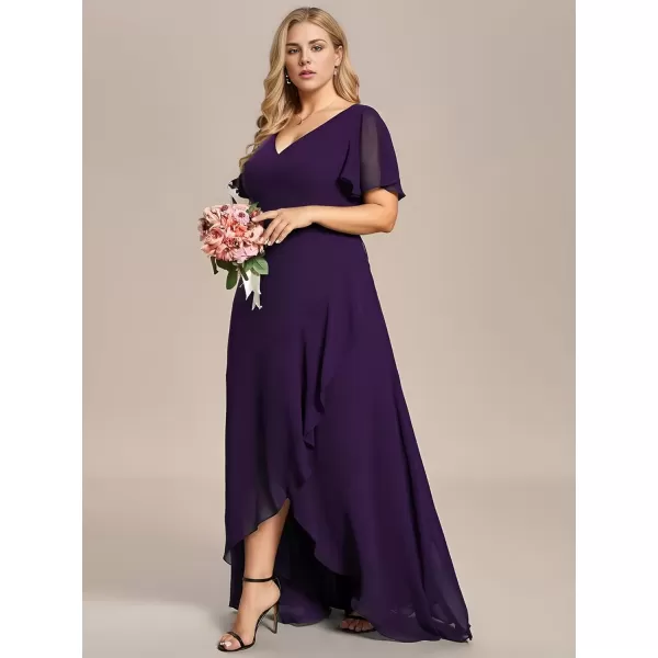 imageEverPretty Womens Summer V Neck High Low Chiffon Plus Size Curvy Semi Formal Wedding Guest Dresses with Sleeves 1749DAPHDark Purple