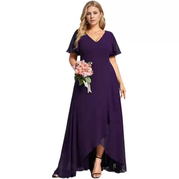 imageEverPretty Womens Summer V Neck High Low Chiffon Plus Size Curvy Semi Formal Wedding Guest Dresses with Sleeves 1749DAPHDark Purple