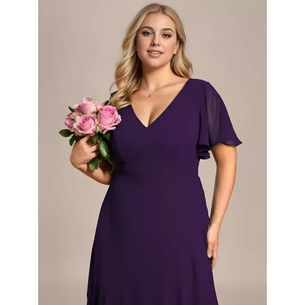 imageEverPretty Womens Summer V Neck High Low Chiffon Plus Size Curvy Semi Formal Wedding Guest Dresses with Sleeves 1749DAPHDark Purple