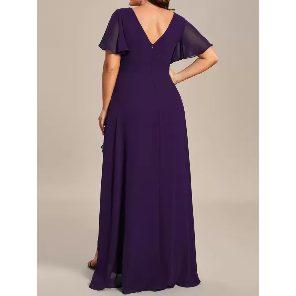 imageEverPretty Womens Summer V Neck High Low Chiffon Plus Size Curvy Semi Formal Wedding Guest Dresses with Sleeves 1749DAPHDark Purple