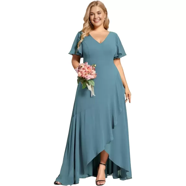 imageEverPretty Womens Summer V Neck High Low Chiffon Plus Size Curvy Semi Formal Wedding Guest Dresses with Sleeves 1749DAPHDusty Blue