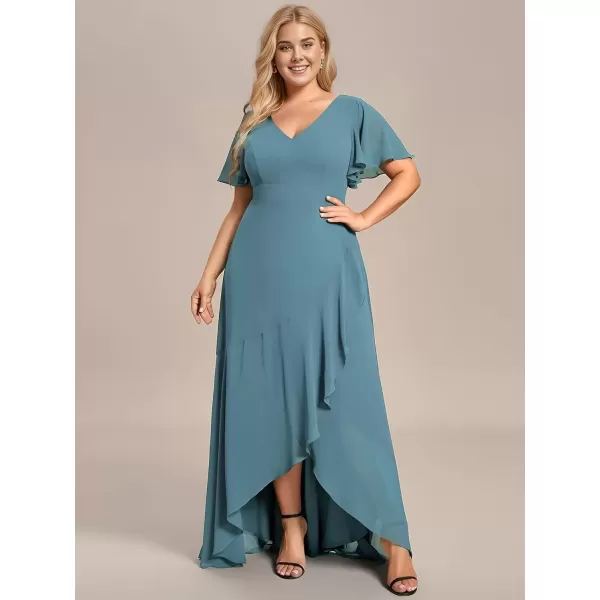 imageEverPretty Womens Summer V Neck High Low Chiffon Plus Size Curvy Semi Formal Wedding Guest Dresses with Sleeves 1749DAPHDusty Blue