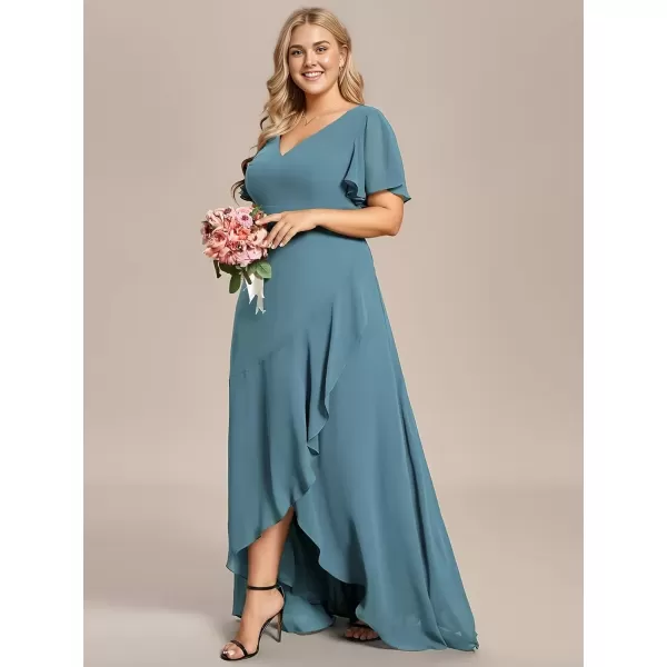 imageEverPretty Womens Summer V Neck High Low Chiffon Plus Size Curvy Semi Formal Wedding Guest Dresses with Sleeves 1749DAPHDusty Blue