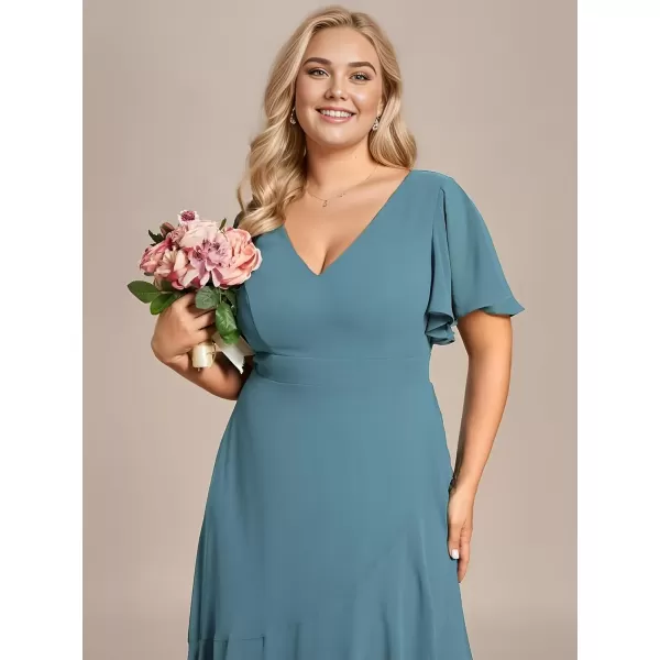 imageEverPretty Womens Summer V Neck High Low Chiffon Plus Size Curvy Semi Formal Wedding Guest Dresses with Sleeves 1749DAPHDusty Blue